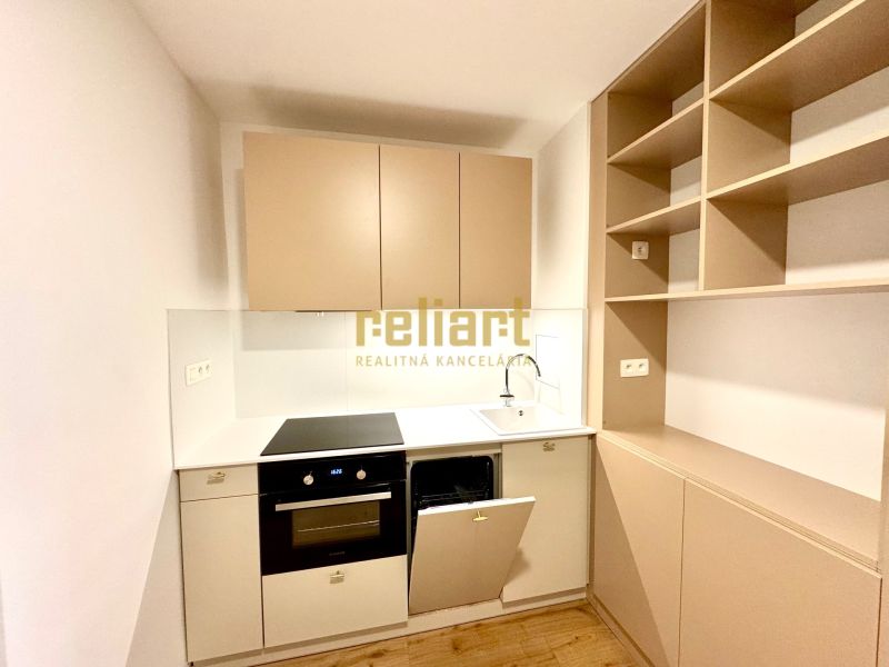 Kitchen unit in a studio apartment with a wooden decor floor, light cabinets.
