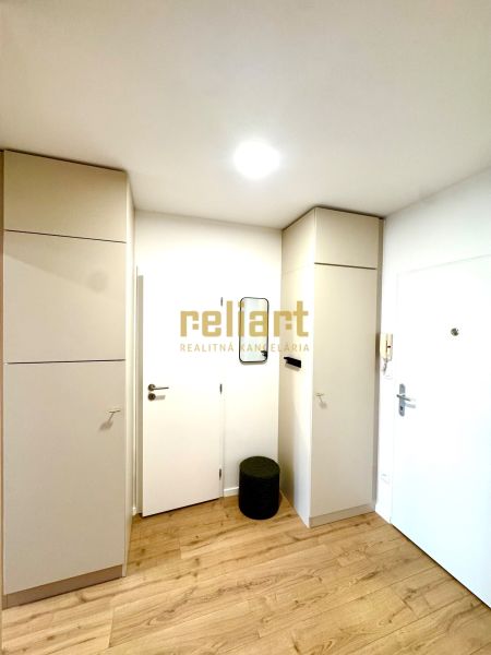 Entrance hall with wood-patterned flooring and white cabinets in a studio apartment.