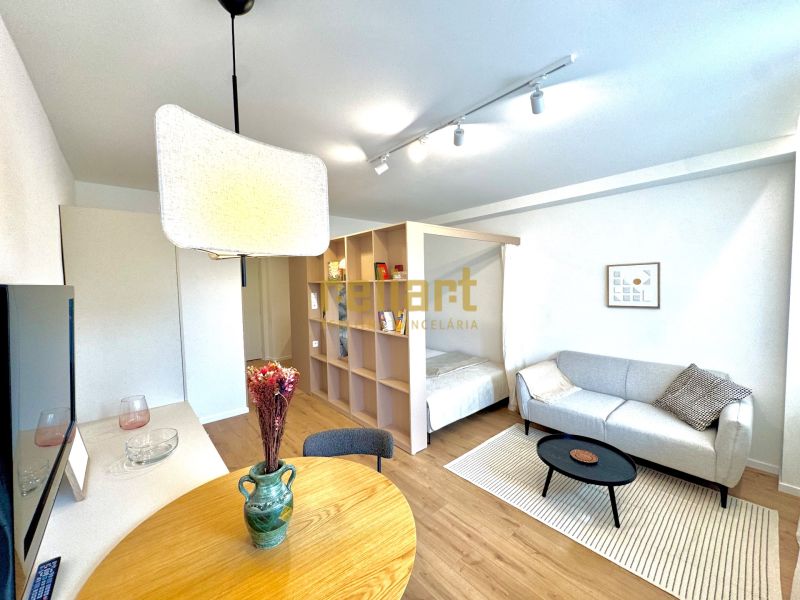 Living room with wood-patterned flooring, light-colored sofa, and dining table in a studio apartment.
