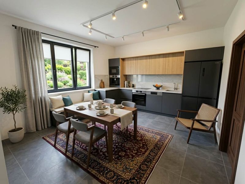 A kitchen in a family house with a dining area, a carpet on the tiles.