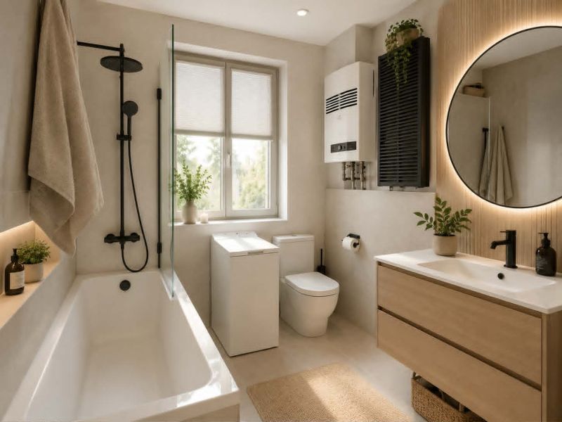 A bathroom in a family house with a bathtub, sink, and round mirror, plants create a pleasant atmosphere.