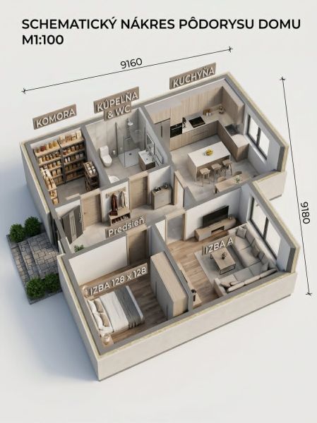 Floor plan of a family house with a kitchen, two rooms, a bathroom, and a pantry.