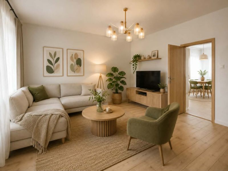 Living room in a family house with a wooden decor floor, a sofa, and a television.