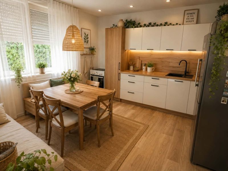 A kitchen in a family house with a dining table and a wooden-patterned floor.