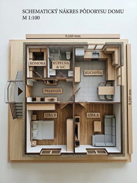 Floor plan of a family house with an entrance hall, a room with wooden decor, and a kitchen.