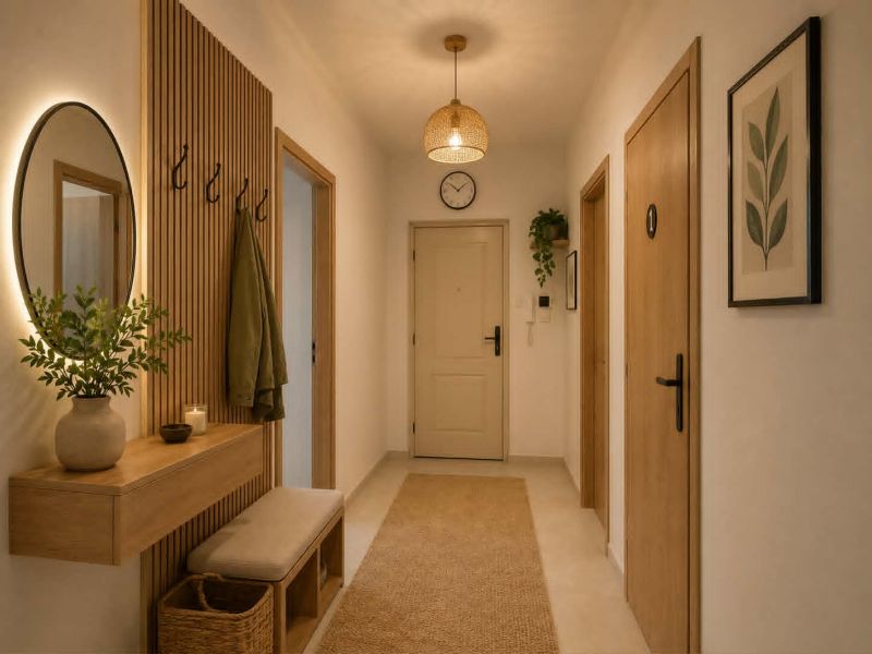 A hallway in a family house with doors, a mirror, and a coat rack.