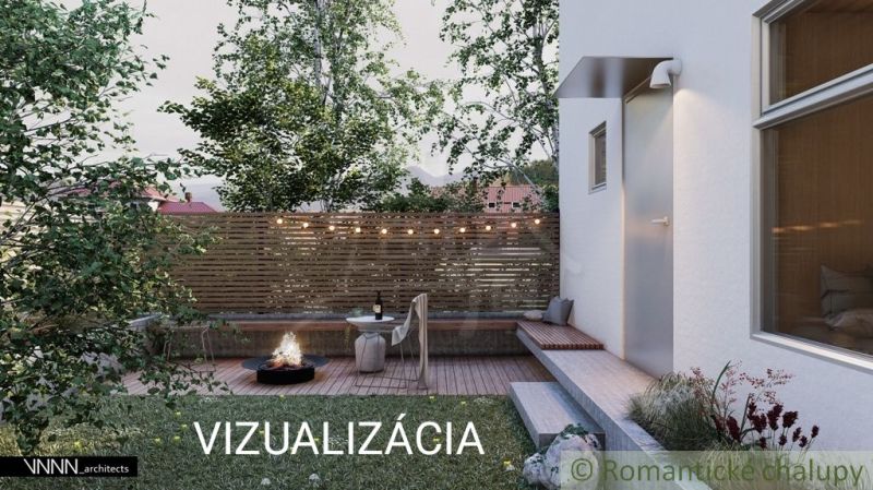 A family house in Banská Bystrica, a garden with a fireplace, a wooden fence, a cozy atmosphere.