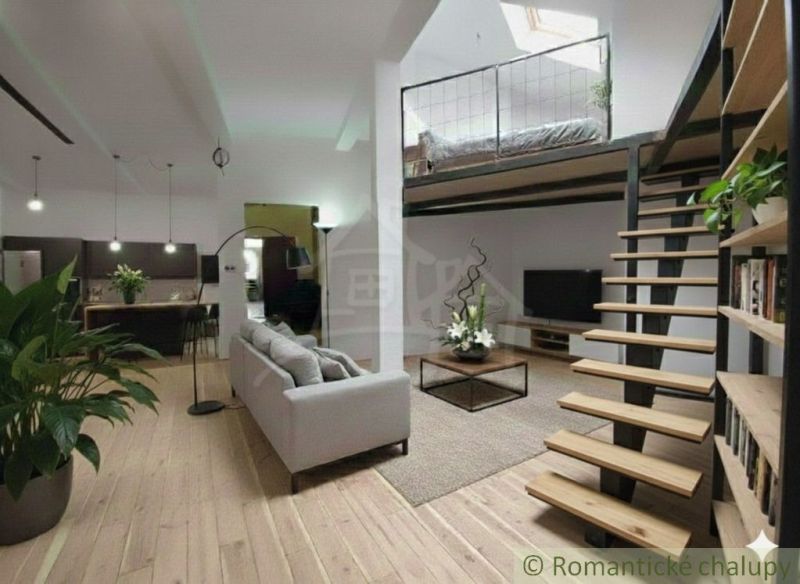 Living room in a family house with a floor, wooden decor, and a staircase.