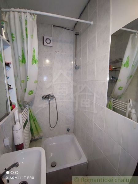 Bathroom with a bathtub and shower, Family house, curtain with leaf pattern.