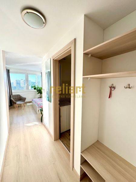 A hallway in a one-room apartment with a wooden decor floor and a built-in coat rack.