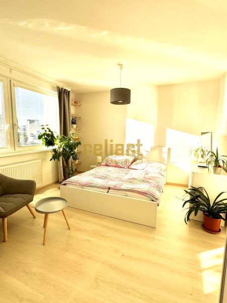 A bright room in a one-room apartment with a bed and a wooden decor floor.