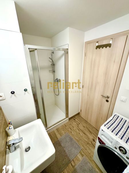 Bathroom with a sink, shower, washing machine, and floor with wooden decor in a studio apartment.