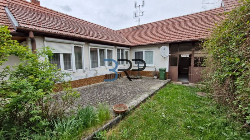 The courtyard of the family house in Mokrý Háj with a paved terrace and garden.