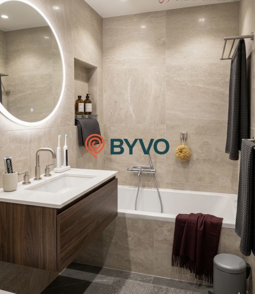 Bathroom with a bathtub, wall-mounted sink, and round illuminated mirror in a 2-room apartment.