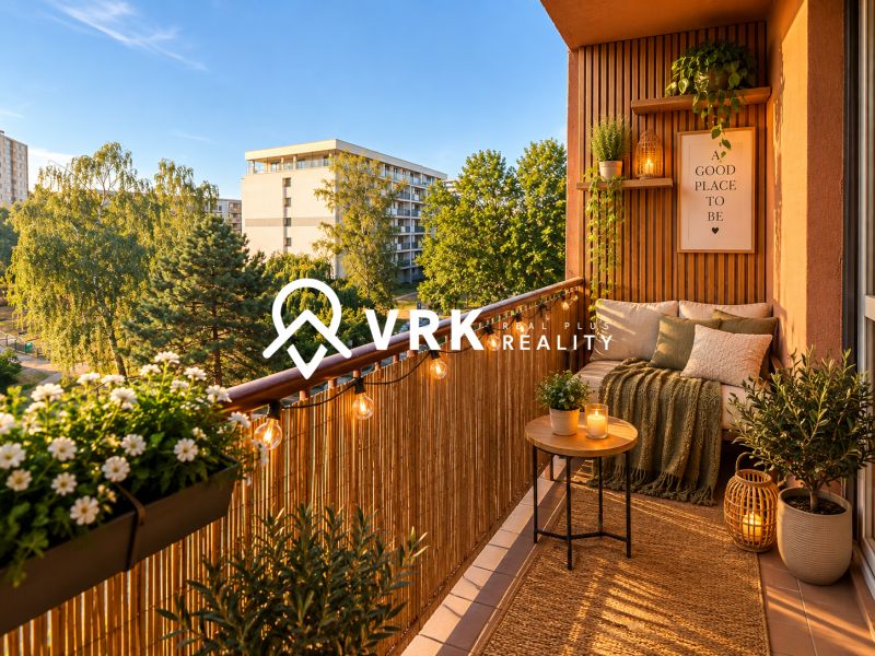 Košice - Old Town district, Stromová: Charming balcony of a 2-room apartment with a pleasant seating area and greenery.