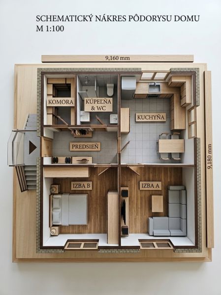 Floor plan of a family house with an entrance hall, pantry, bathroom, kitchen, and rooms with wooden decor.