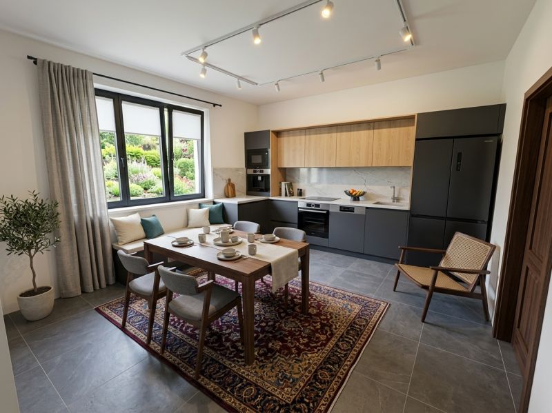 A kitchen in a family house with a dining table, dark appliances, and a large window.
