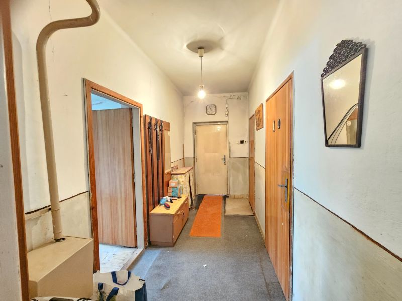 Hallway in a family house with carpet, mirror, and entrance door.