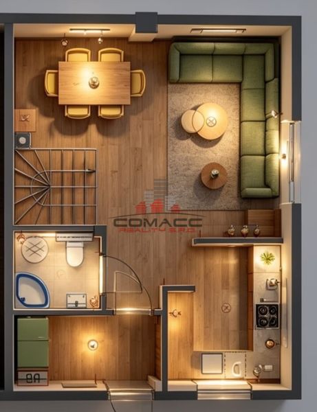 Floor plan of a family house with a sofa and kitchen, wooden decor flooring.