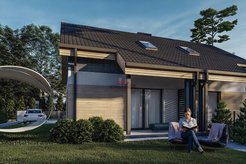 A family house in Sasinkovo with a terrace, garden seating, and a car on the driveway.