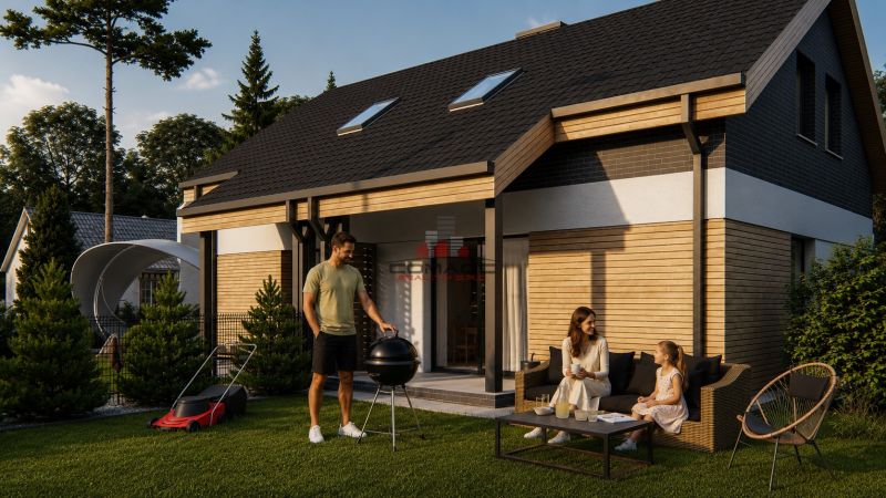 A family house in Sasinkovo with a wooden facade decor and a garden seating area for barbecuing.