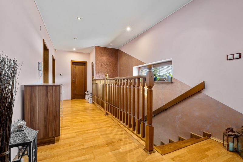 A hallway with a staircase in a family house, a floor with a wooden decor, a mirror, and plants.