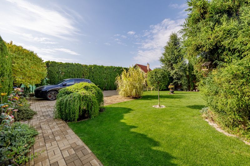 Garden at a family house on Majerská Street in Nová Dedinka. Elegant greenery and a car.