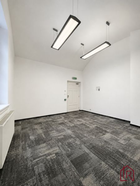 Offices with carpeted floors and pendant lights in neutral colors.