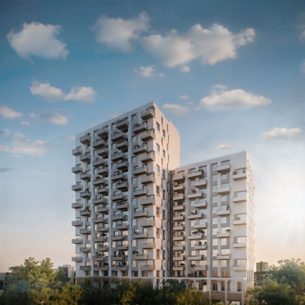 A high-rise building on Mlynské Nivy in Bratislava - Ružinov with balconies and greenery.