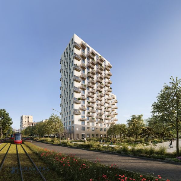 Modern apartment construction on Mlynské Nivy in Bratislava-Ružinov, next to the tram line.