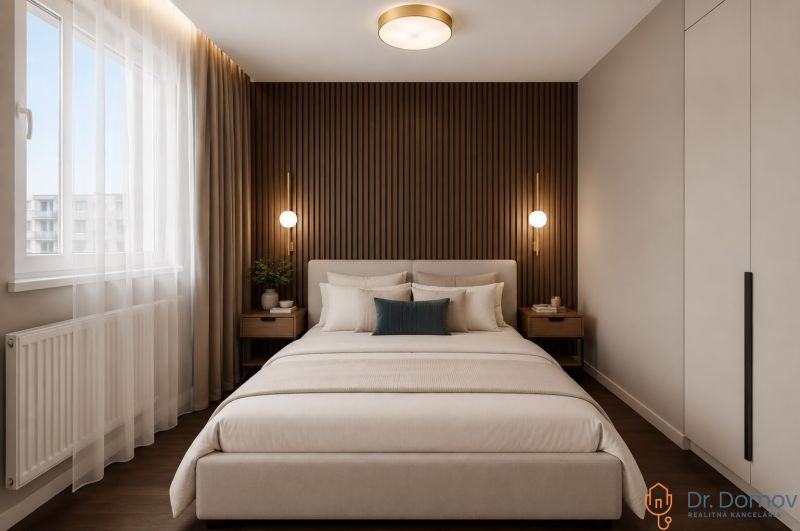 Bedroom with an upholstered bed, wooden paneling, and two nightstands in a three-room apartment.