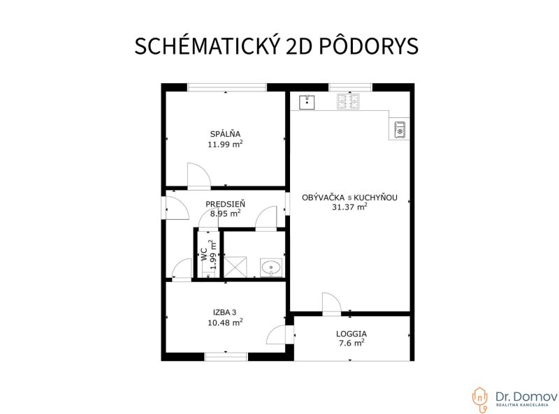 Floor plan of a 3-room apartment with a bedroom, living room with kitchen, and a loggia.