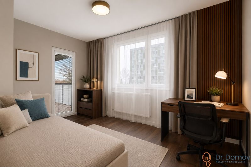 A spacious room in a 3-room apartment with a desk and a floor with a wooden decor.
