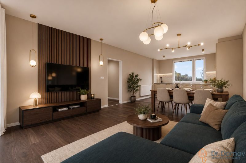 Living room with wood-patterned flooring, a dining table, and a comfortable sofa in a three-room apartment.