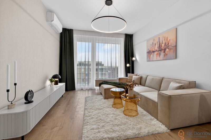 Living room in a two-room apartment with a sofa, carpet, and wooden decor flooring.