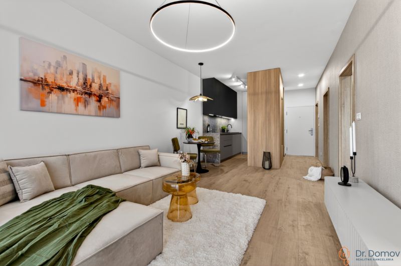 Living space in a two-room apartment with wood-patterned flooring and stylish furniture.