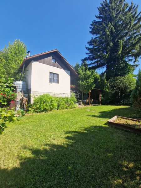 The garden of the cottage in Žilina with a lawn and tall trees in the background.