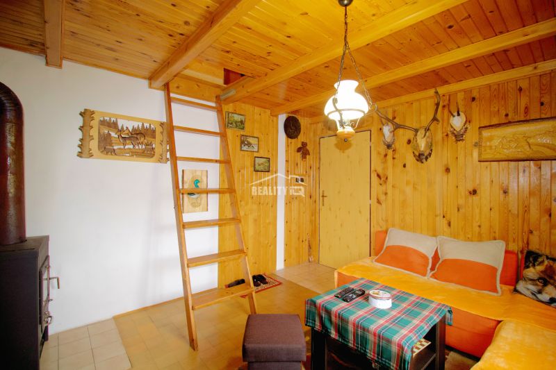 A wooden interior of a cabin with a ladder and a wood-burning stove, complemented by hunting decorations.