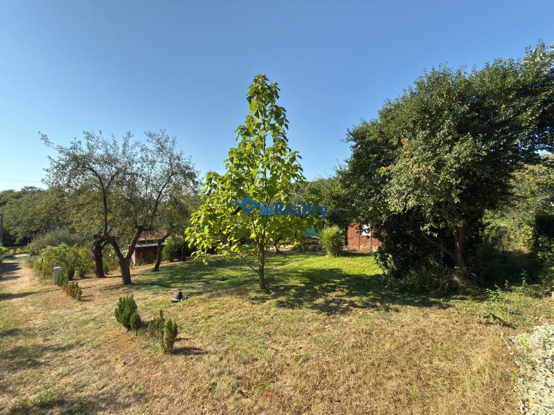 The garden at the cottage on Vinica Street in Lučenec is full of trees and green lawn.