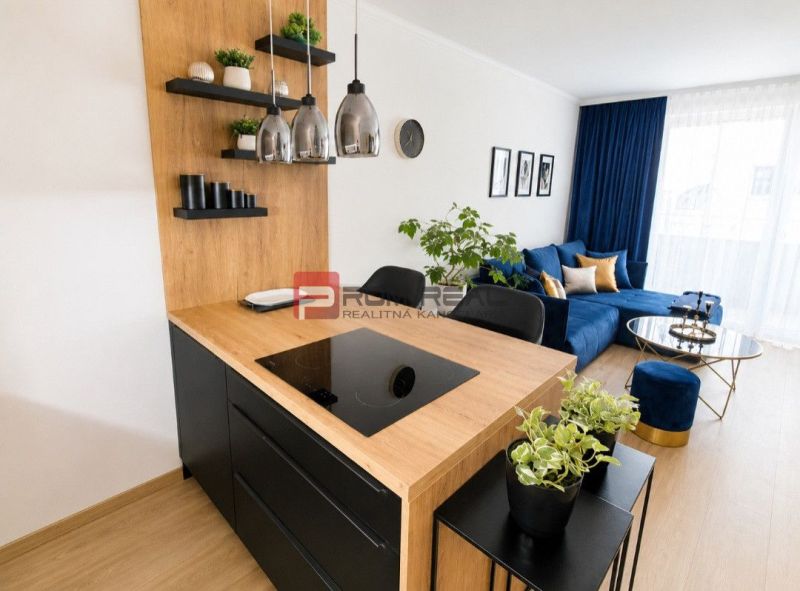 A kitchen with an island and a living room in a 2-room apartment with a wooden decor floor.