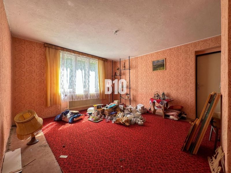 A room in a family house with a red carpet and lots of objects everywhere.