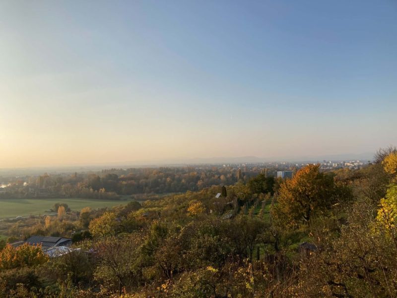 Panorama of the autumn forest and fields with a view of the town of Banka.