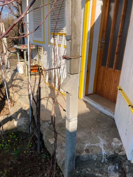 Entrance to the cottage with wooden doors in Banka, where there are also vineyards and flowers.