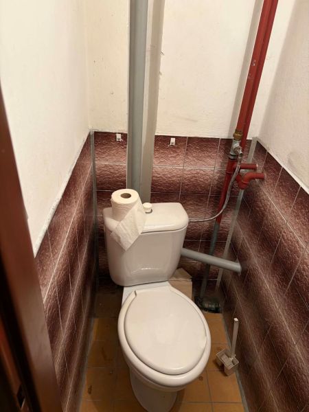 A bathroom with a classic toilet and corner tiles in a cottage.