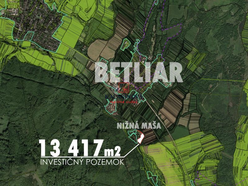 Map of an investment plot with an area of 13,417 m² in Betliar.