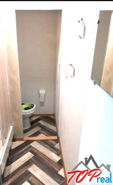 Bathroom with toilet and wooden decor flooring in a studio apartment.
