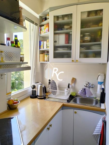 Compact kitchen in a studio apartment with shelves and a sink, wooden decor flooring.