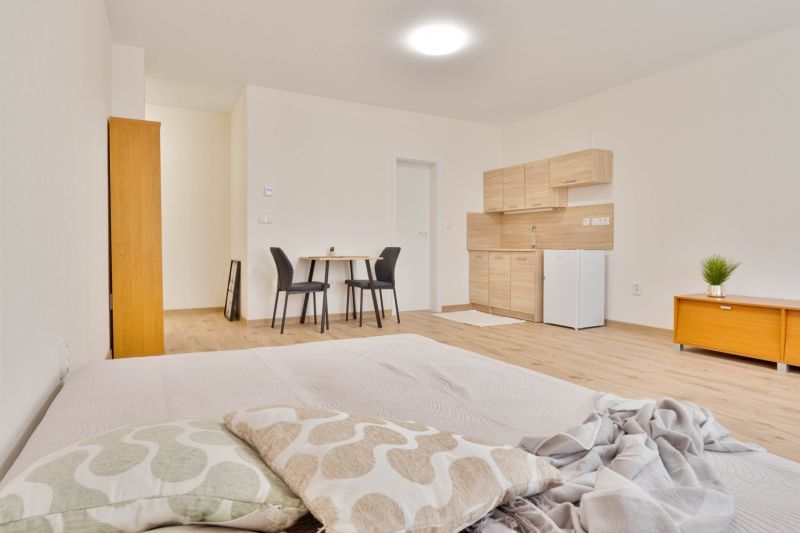 Studio apartment with wood-patterned flooring, kitchenette, dining table for two.