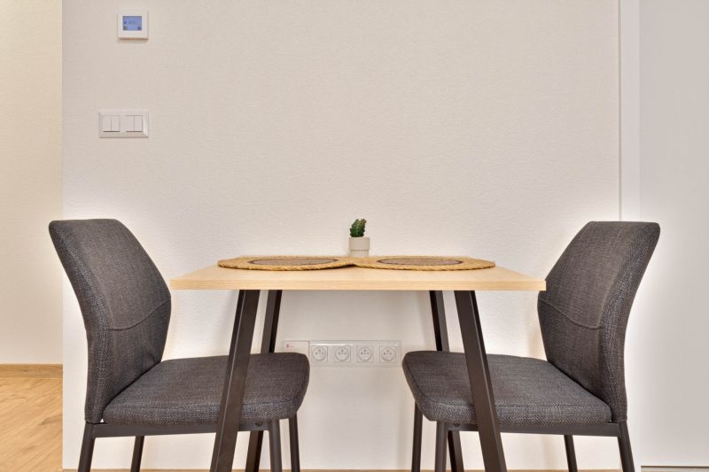 Dining area with a table and two chairs in a studio apartment.