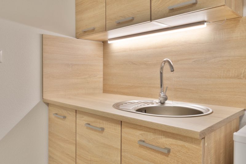 A kitchenette in a studio apartment with a wood decor and a sink.